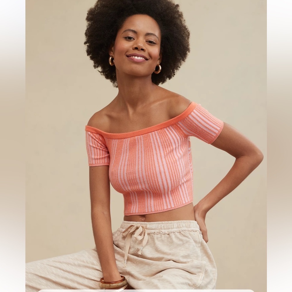 Aerie Reversible Sweater Cropped Top Striped Off-Shoulder Top 🍊